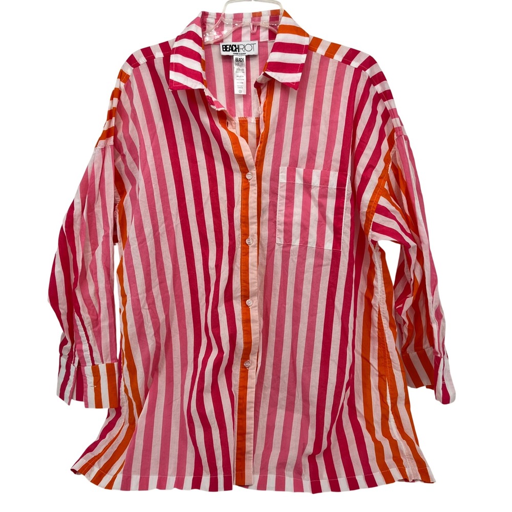Beach Riot Womens Oversized Striped Button Down Shirt Pink Orange Cotton L/XL
